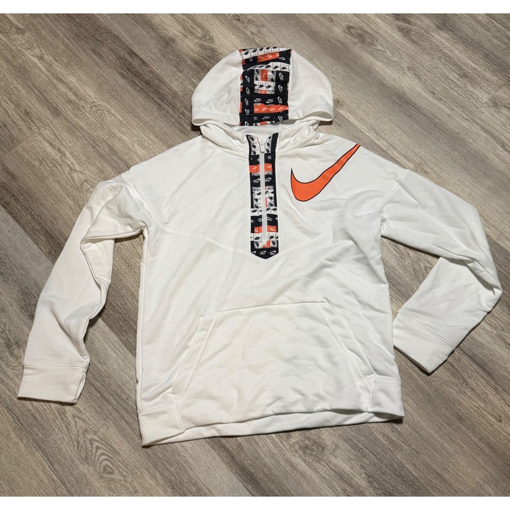Nike Dri-FIT White Hoodie Pullover Quarter Zip Orange Swoosh XL